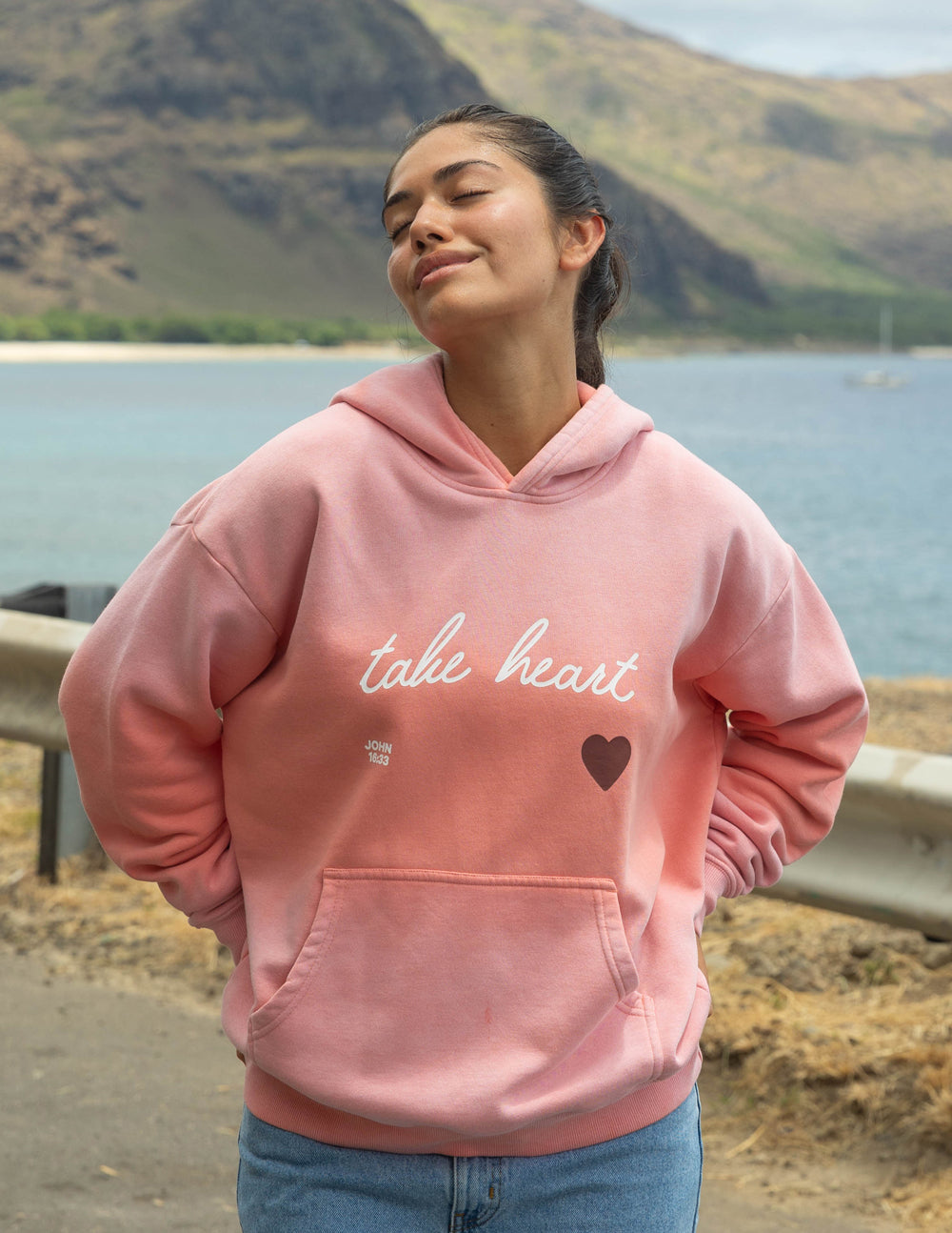 Elevated Faith Christian Hoodie in Pink with 'Take Heart' Design and Heart Graphic