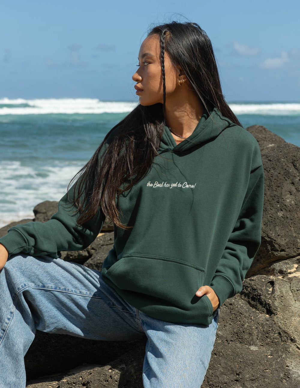 Elevated Faith Christian Hoodie in Green with Inspirational Text for Casual Wear by the Ocean