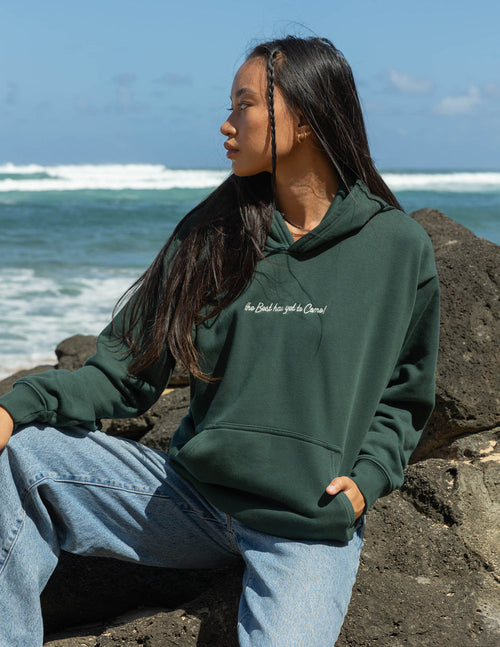 Elevated Faith Christian Hoodie in Green with Inspirational Text for Casual Wear by the Ocean