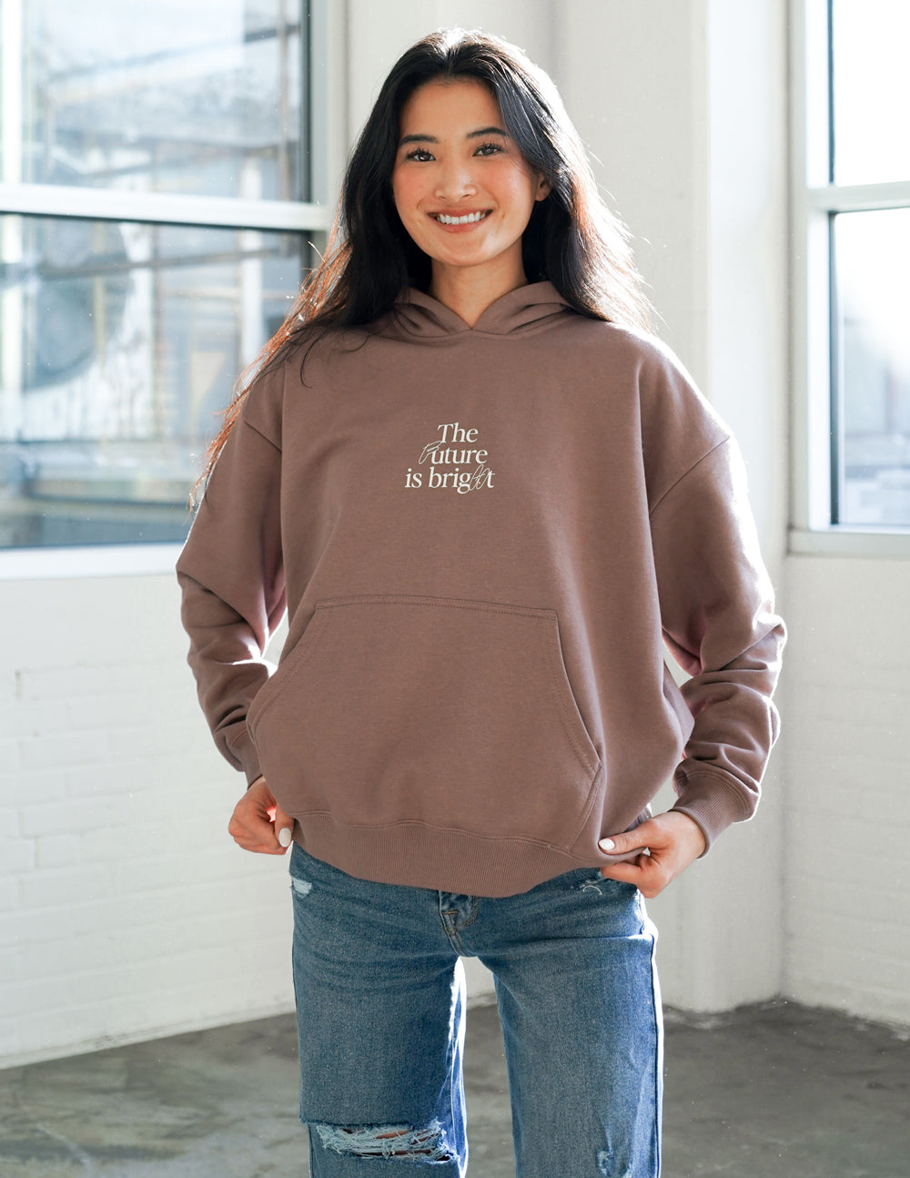 Elevated Faith Christian Hoodie in brown with 'The future is bright' text design