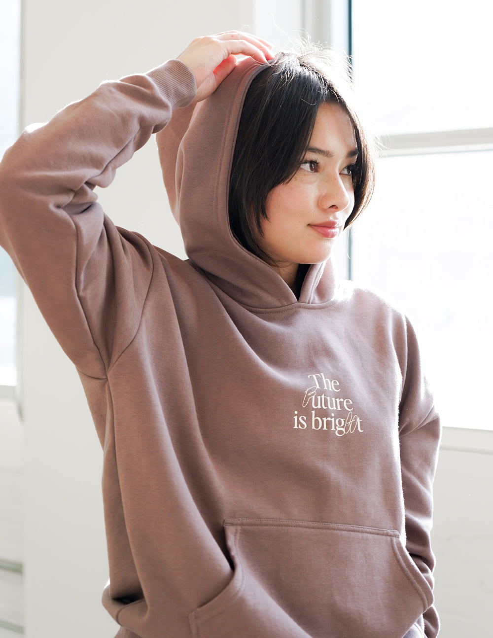 Elevated Faith Christian Hoodie in brown with 'The future is bright' embroidered design