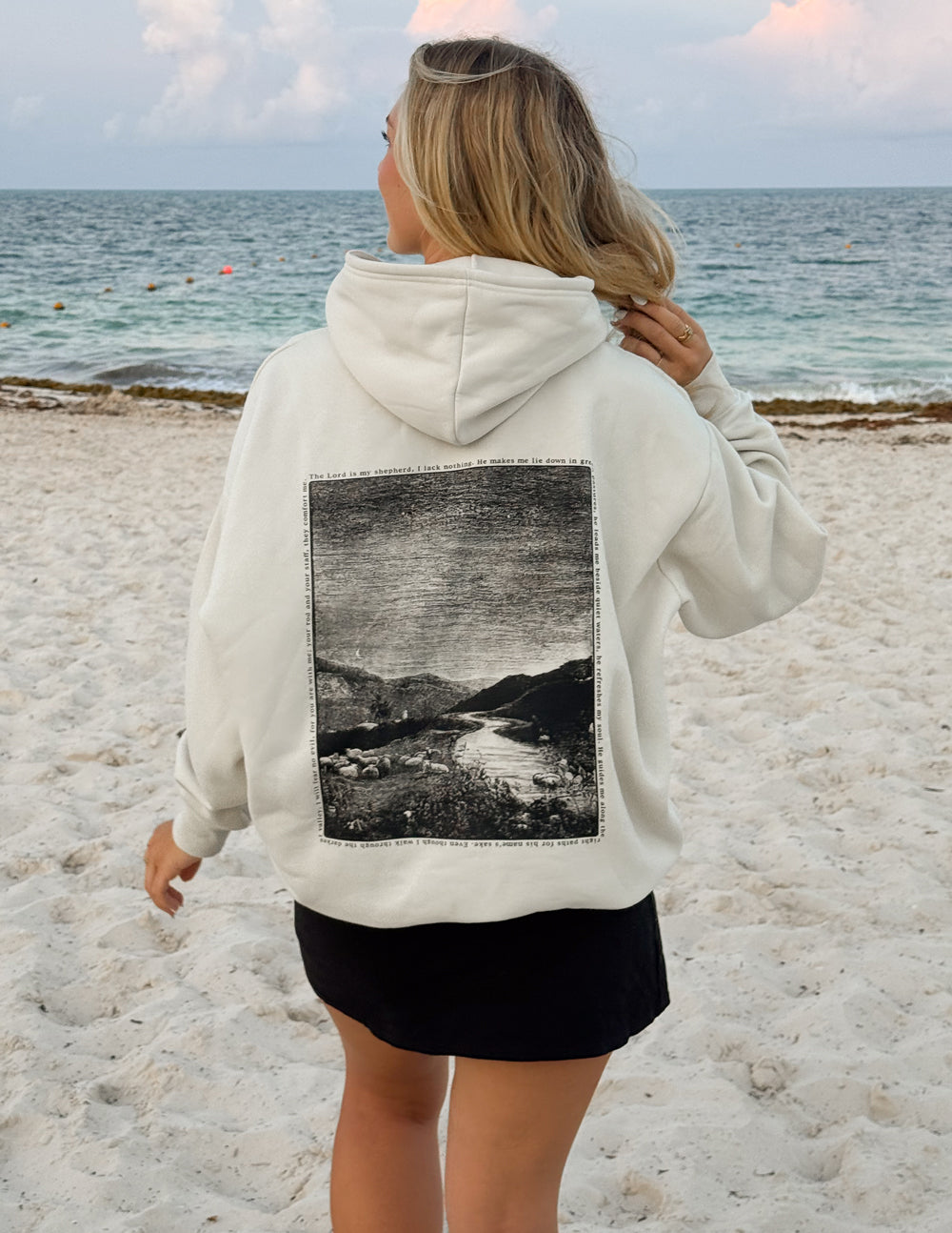 Elevated Faith Christian Hoodie in cream with scenic back graphic on sandy beach
