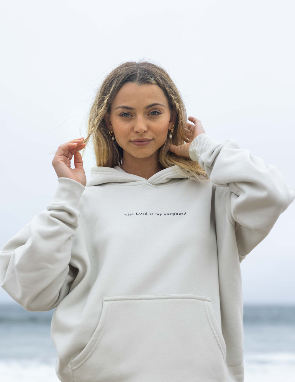 Elevated Faith Christian Hoodie in Cream with the quote 'The Lord is my shepherd' beautifully displayed