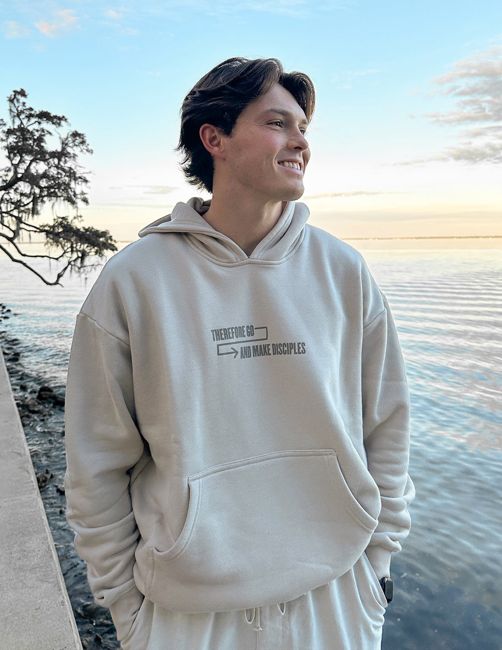 Elevated Faith Christian Hoodie in light beige with inspirational text for everyday wear