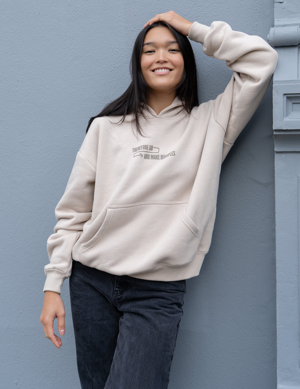 Elevated Faith Christian Hoodie in beige with a cozy design and front pouch pocket