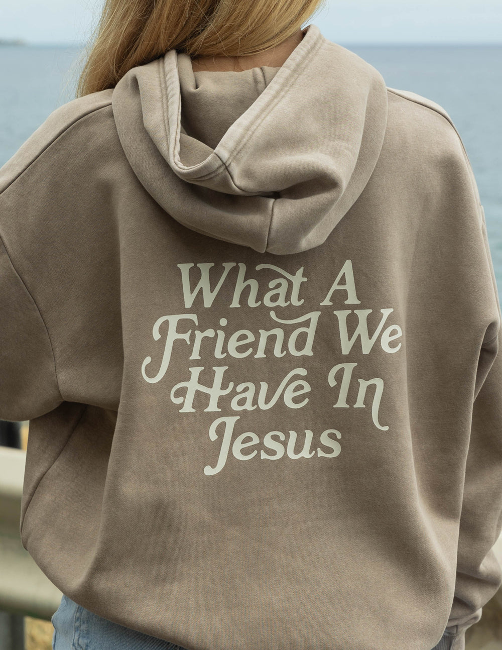 Elevated Faith Christian Hoodie in Light Brown with 'What A Friend We Have In Jesus' Design on Back