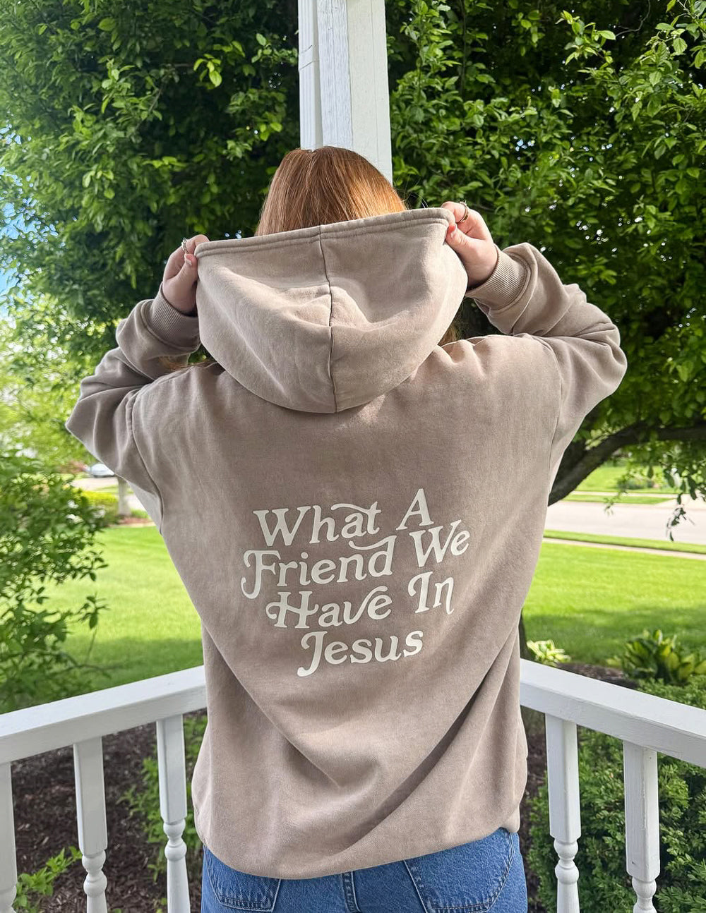 Elevated Faith Christian Hoodie in taupe with 'What A Friend We Have In Jesus' graphic on back