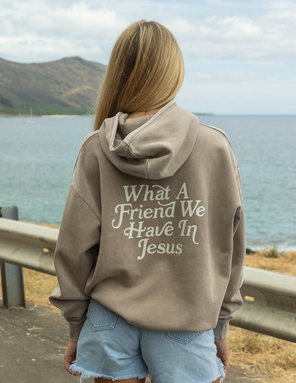 Elevated Faith Christian Hoodie in taupe with the text What A Friend We Have In Jesus on the back