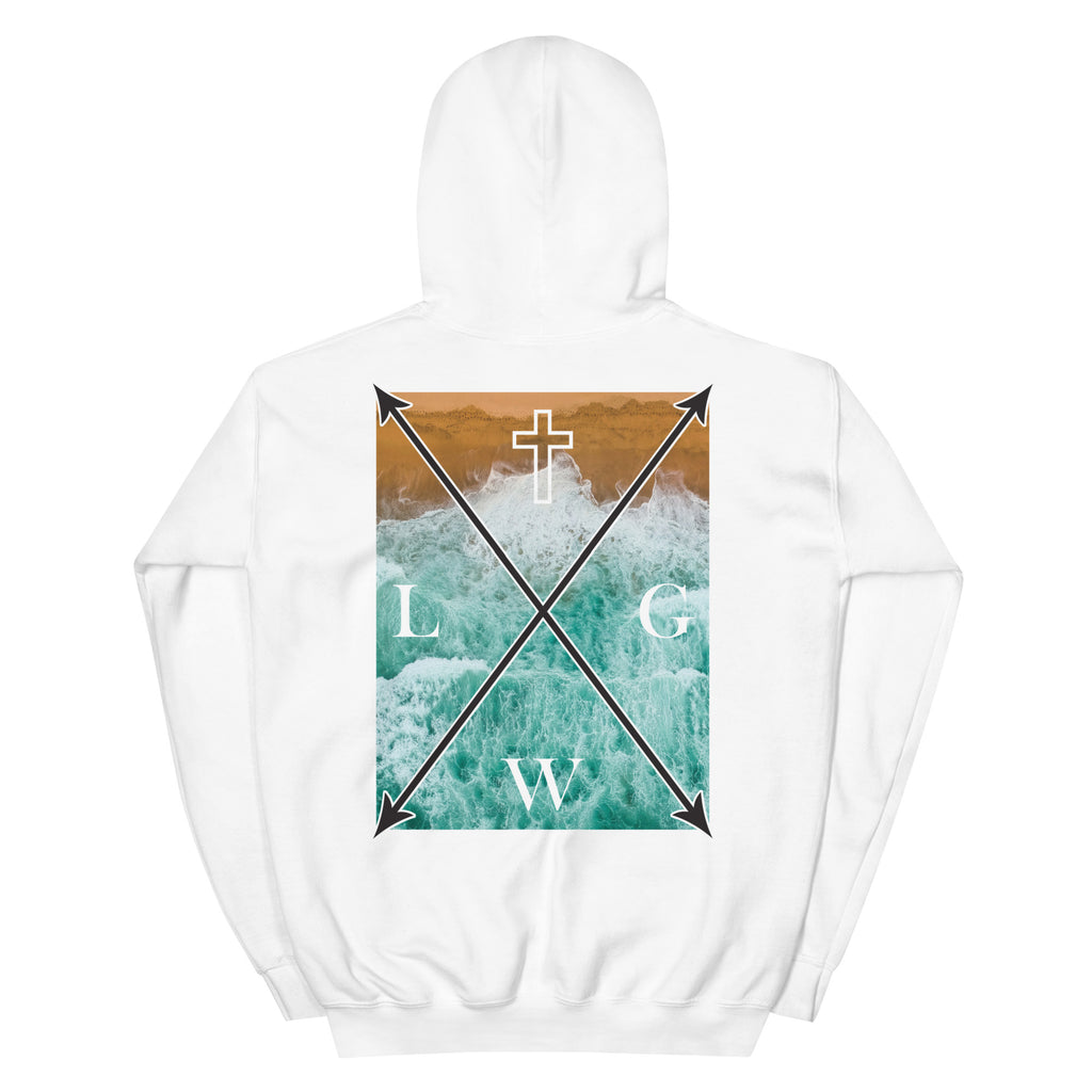 White Christian Hoodie featuring a colorful graphic with arrows and a cross design