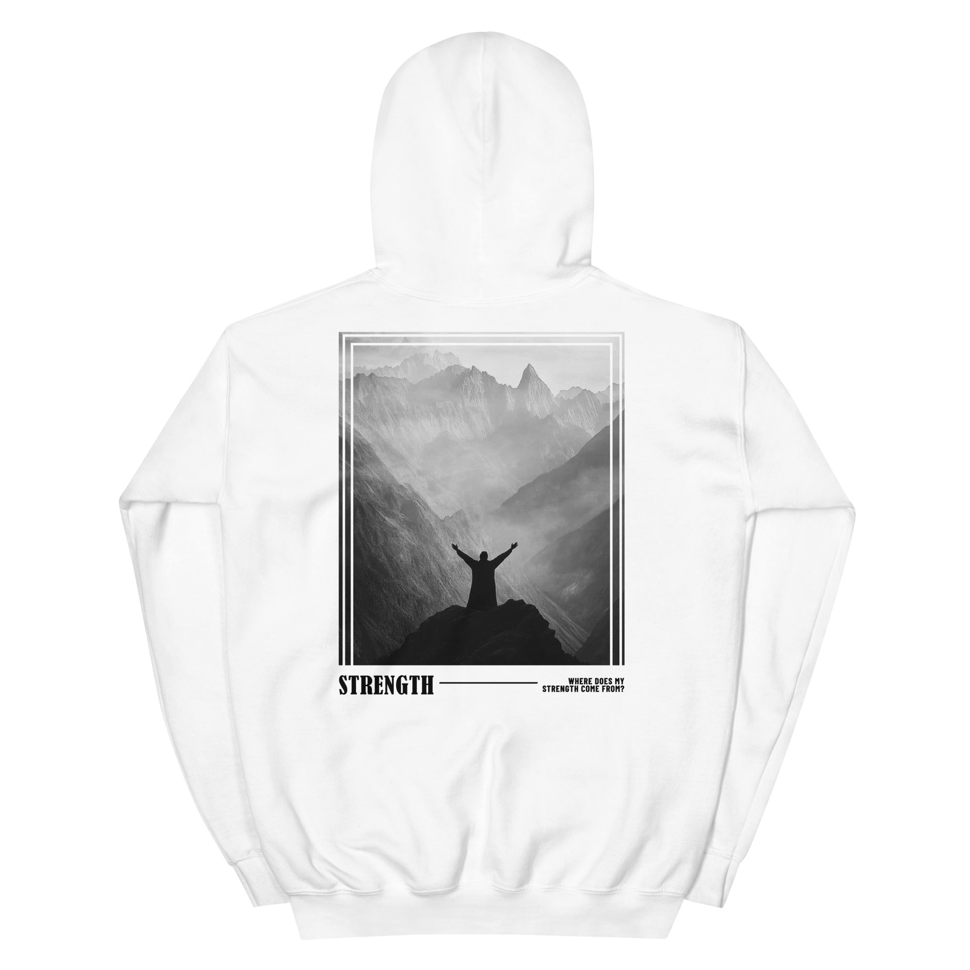 White Christian Hoodie featuring a mountain landscape and the word Strength on the back