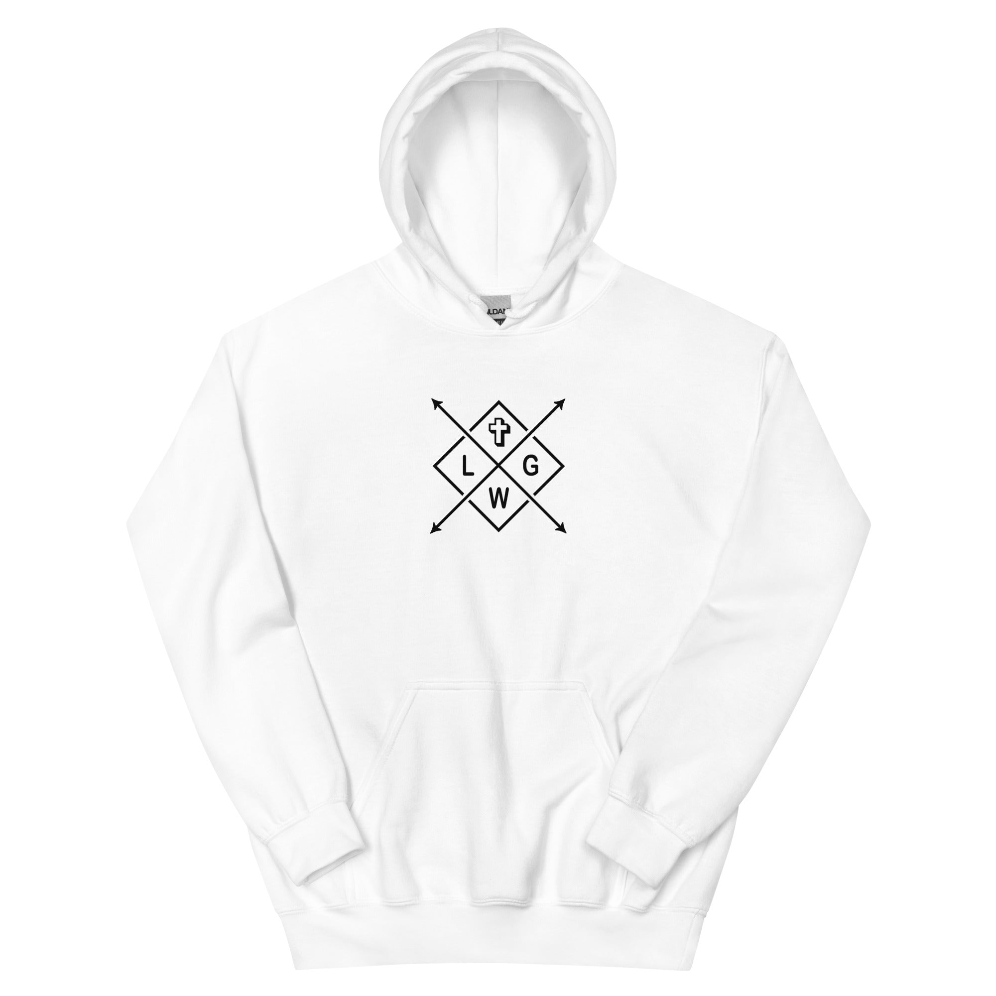 White Christian Hoodie with a geometric design and arrows featuring a modern graphic style