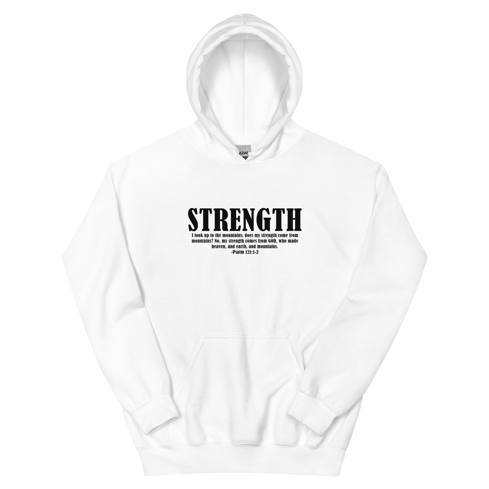 White Christian Hoodie featuring the word 'STRENGTH' with an inspirational Bible verse design