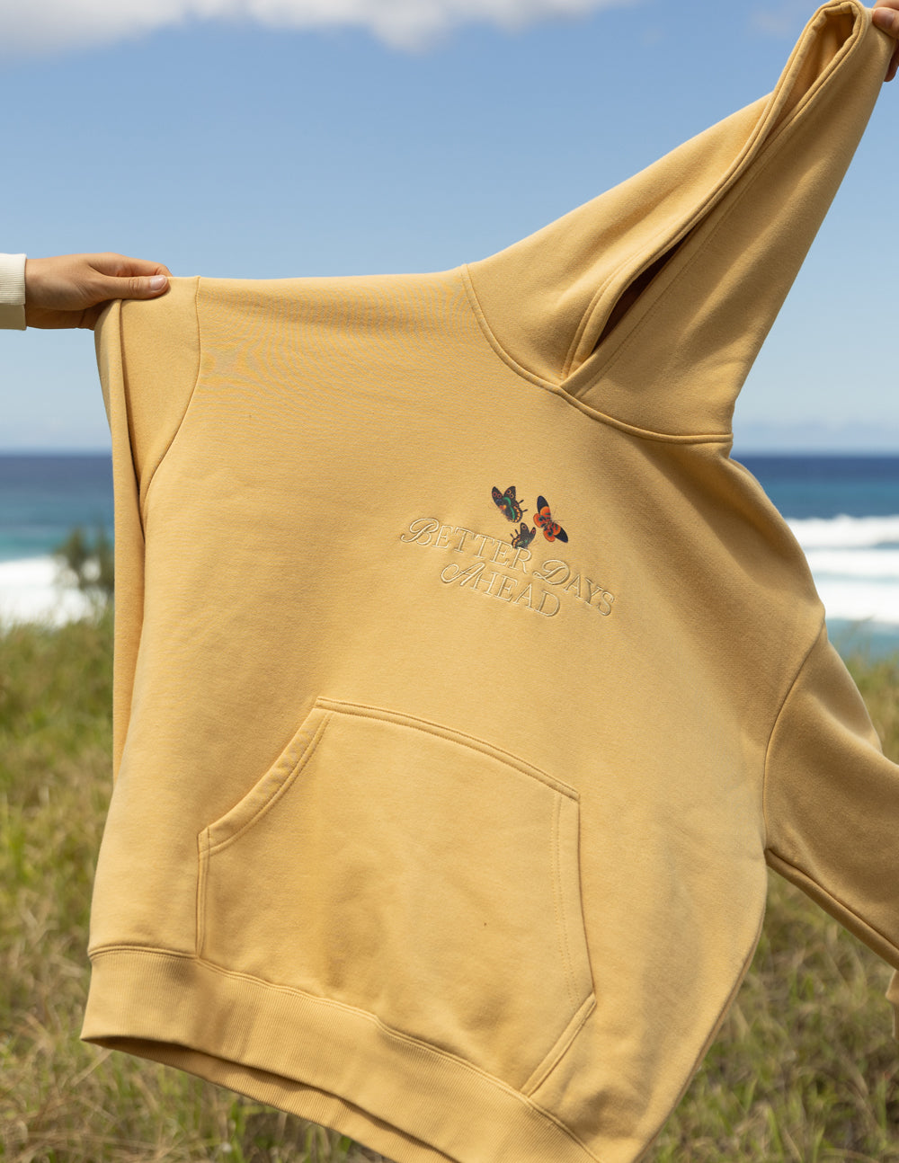 Elevated Faith Christian Hoodie in soft yellow with butterfly design for casual wear