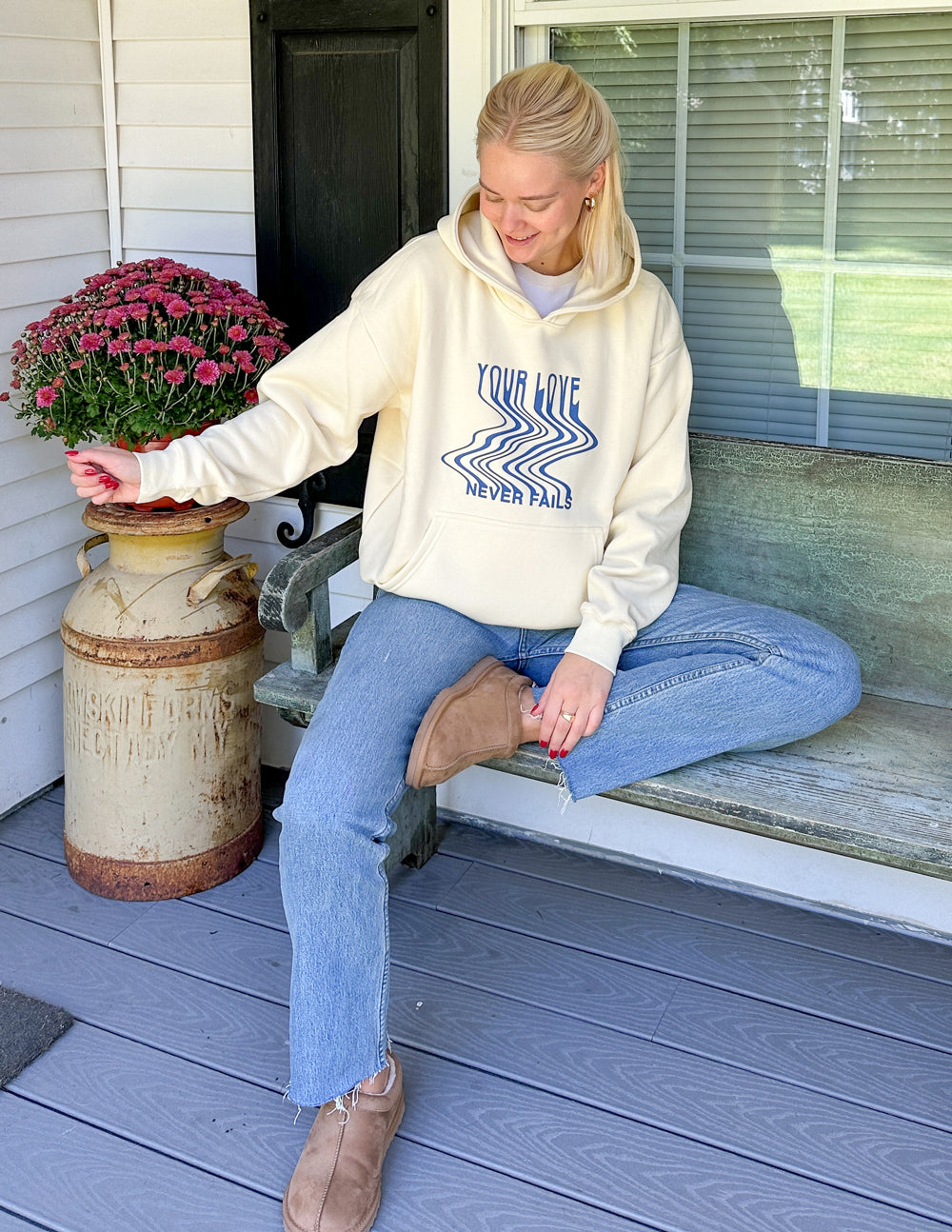 Elevated Faith Christian Hoodie in Cream with Inspirational 'Your Love Never Fails' Design