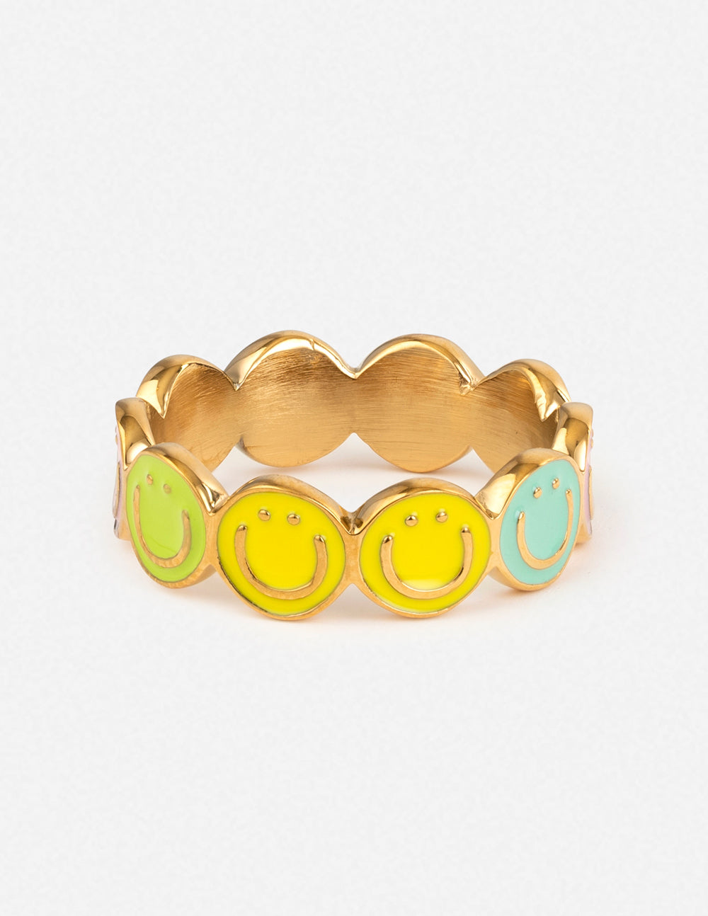 Gold tone smiley face ring with colorful accents for Christian Jewelry enthusiasts