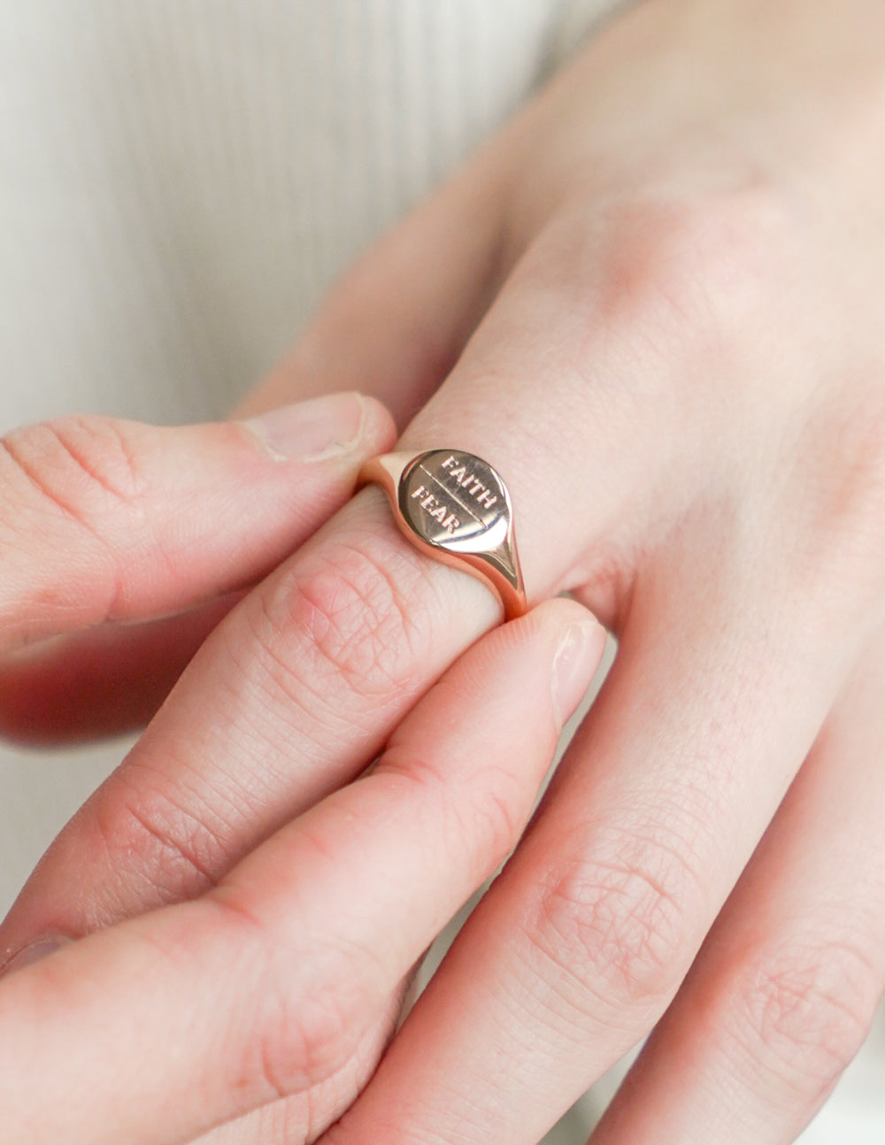 Elevated Faith Faith Ring in Rose Gold, a unique piece of Christian Jewelry for everyday wear