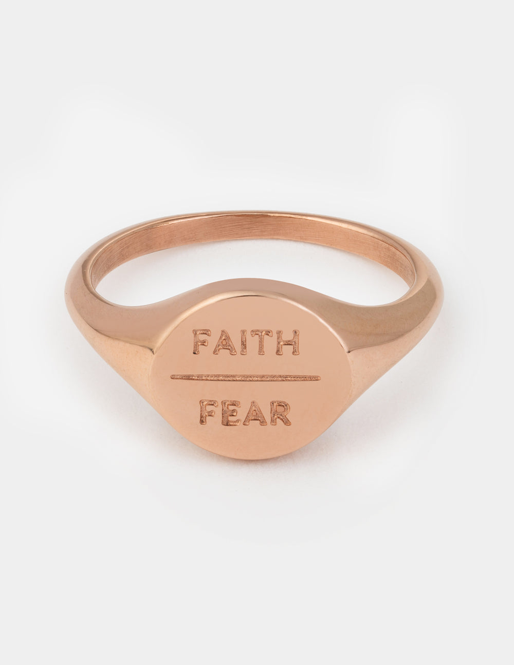 Elevated Faith Ring with engraved Faith and Fear message, a beautiful piece of Christian Jewelry