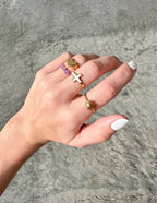 Stacked Elevated Faith rings featuring a cross and heart, perfect Christian Jewelry for daily wear