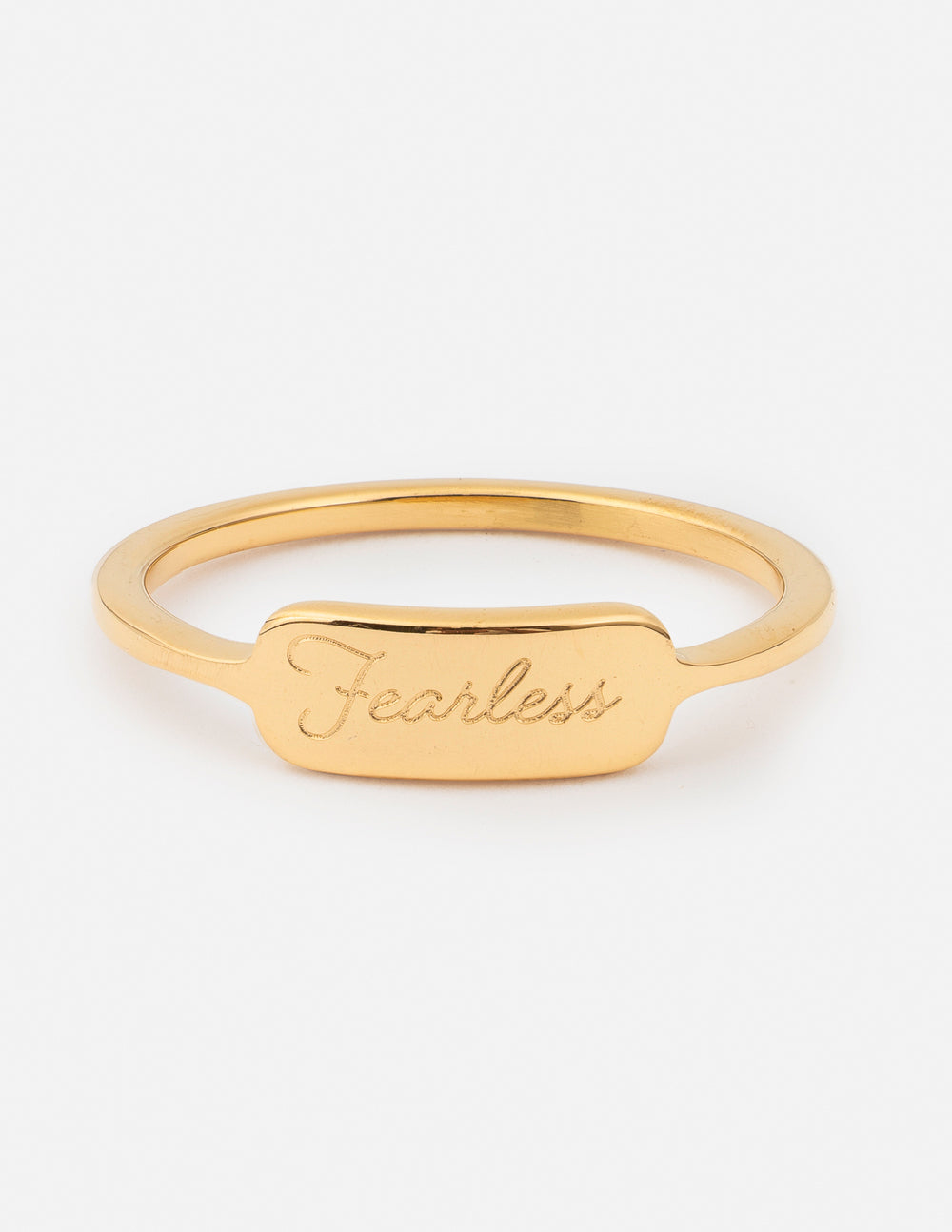 Gold Elevated Faith Ring engraved with the word Fearless, ideal Christian Jewelry piece