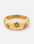 Elegant gold ring with flower design and gemstones, perfect for Christian Jewelry enthusiasts