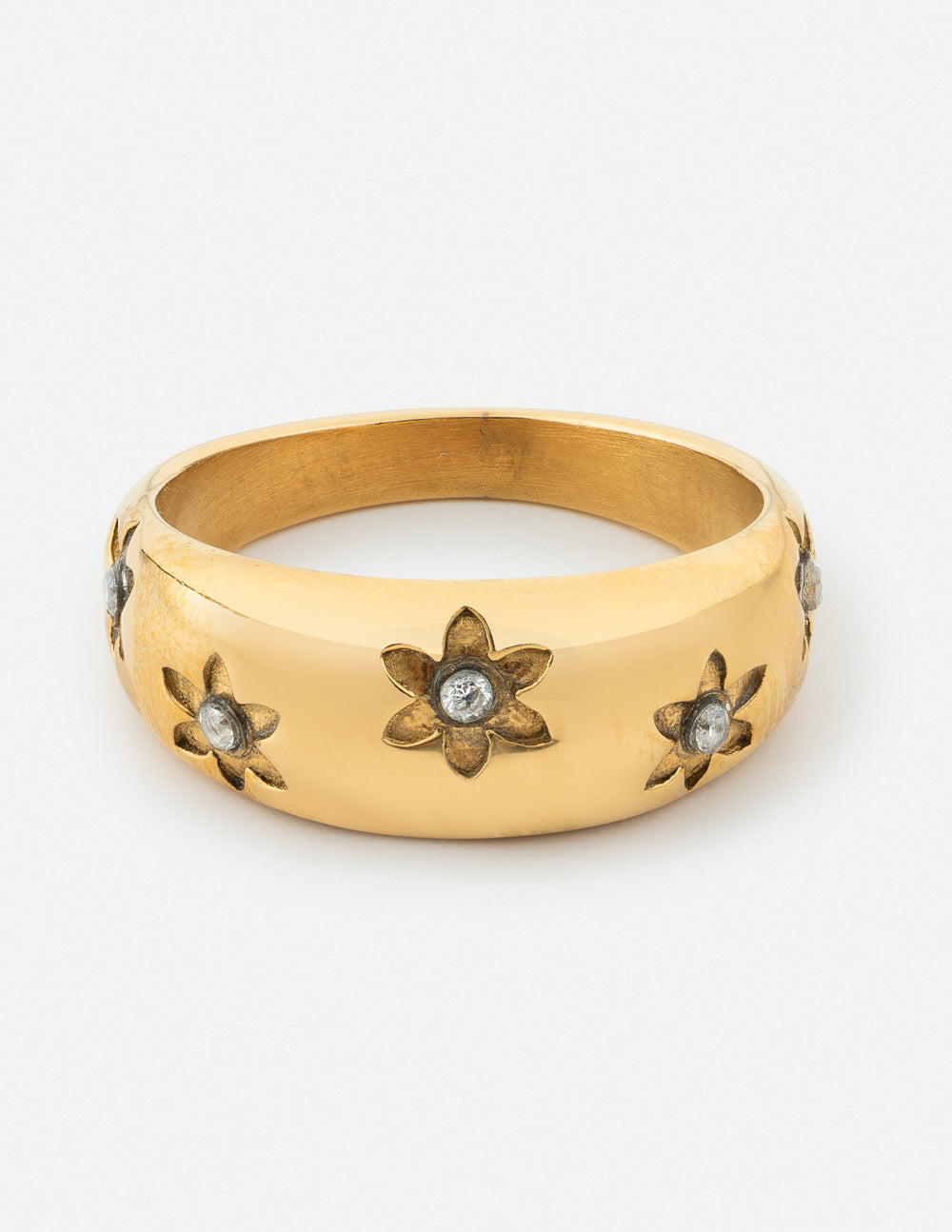 Elegant gold ring with flower design and gemstones, perfect for Christian Jewelry enthusiasts