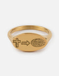 Gold ring featuring a cross and globe design, perfect Christian Jewelry for everyday wear