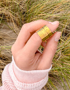 Gold Elevated Faith Ring featuring Christian symbols, perfect for Christian jewelry enthusiasts