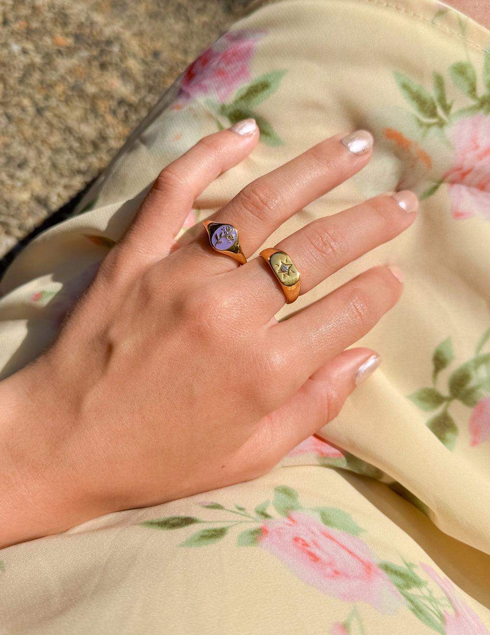Elevated Faith Ring Set featuring Christian Jewelry on a hand with floral dress