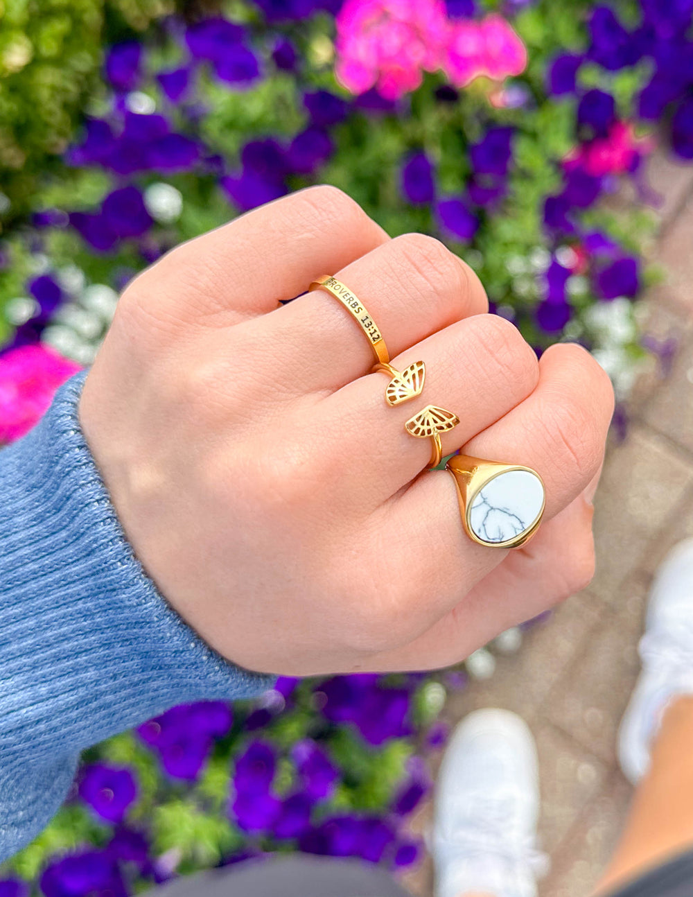 Elevated Faith Gold Butterfly and Marble Christian Jewelry Ring Set for Everyday Wear