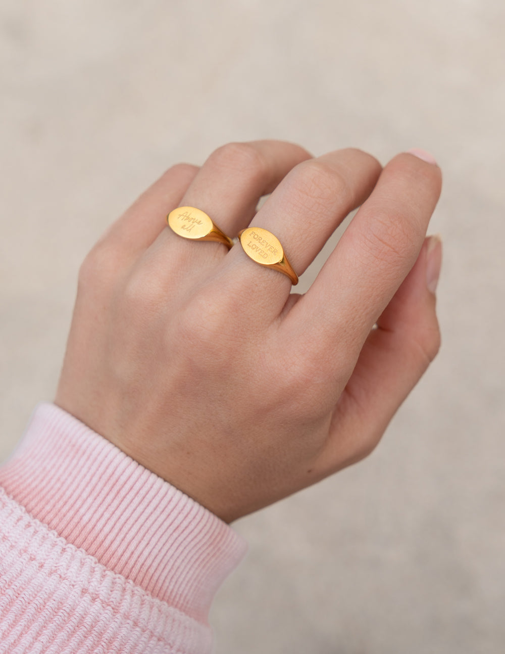 Gold Elevated Faith Rings featuring engraved messages, perfect for Christian Jewelry enthusiasts