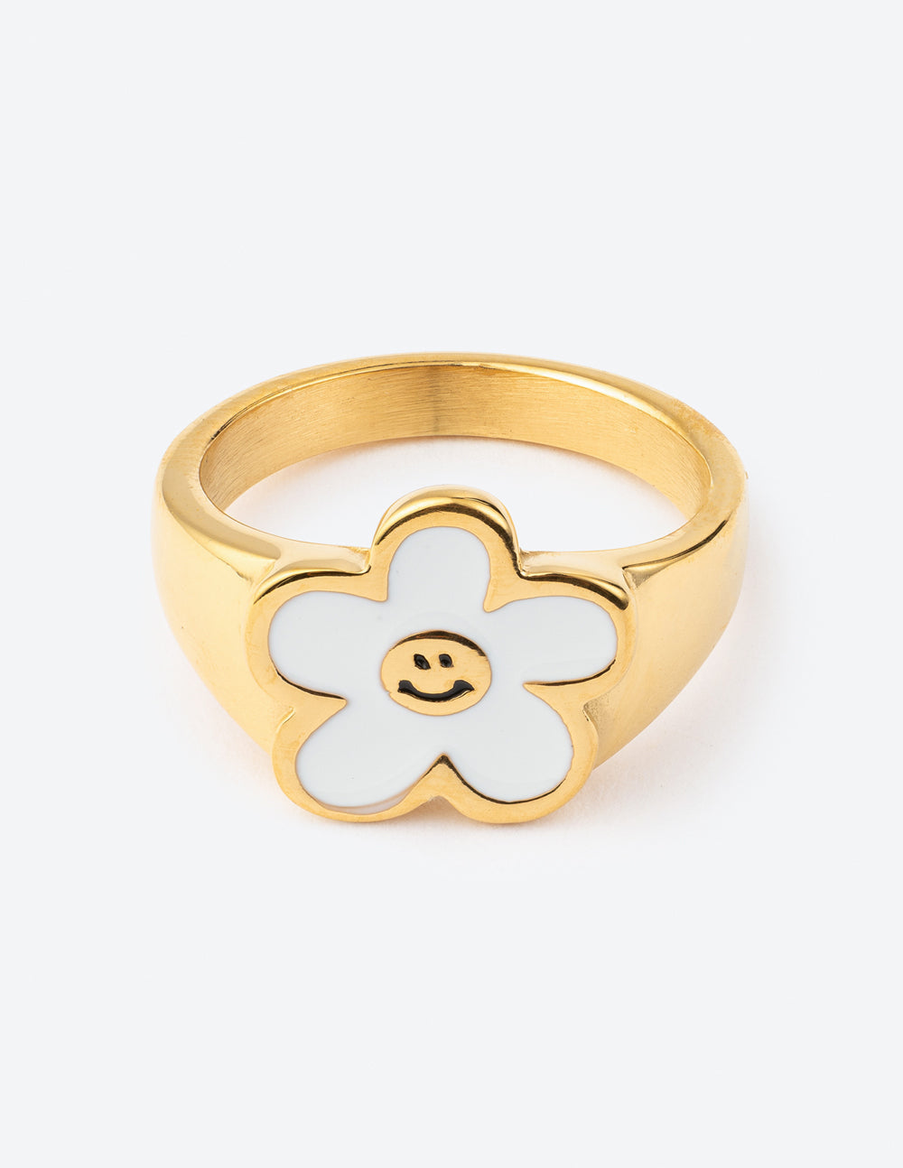 Elevated Faith Flower Ring in Gold with Smiley Face Detail, perfect for Christian Jewelry enthusiasts