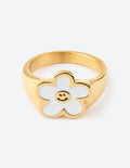 Elevated Faith Flower Ring in Gold with Smiley Face Detail, perfect for Christian Jewelry enthusiasts