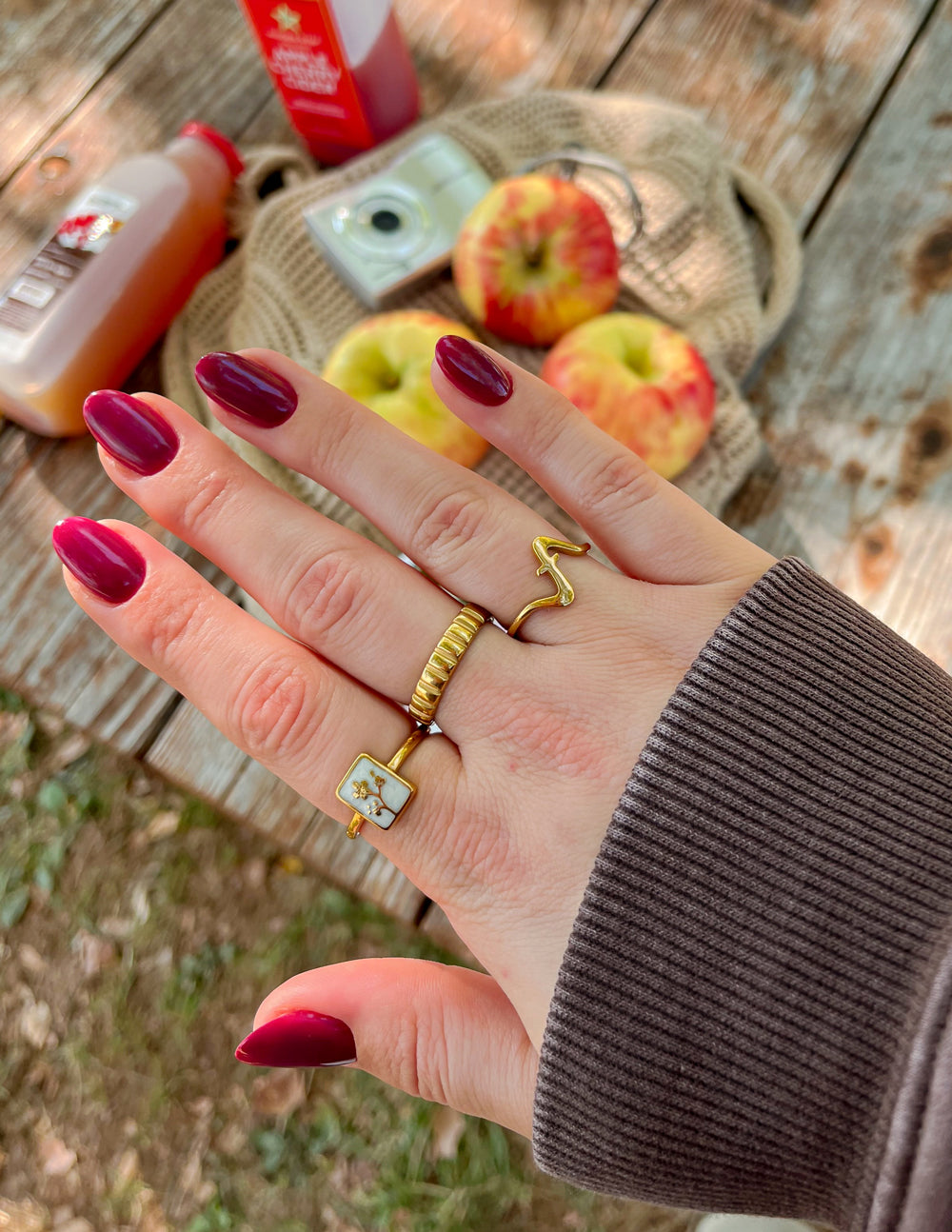 Elevated Faith Christian Jewelry Ring Worn on Hand with Apples and Juice Background
