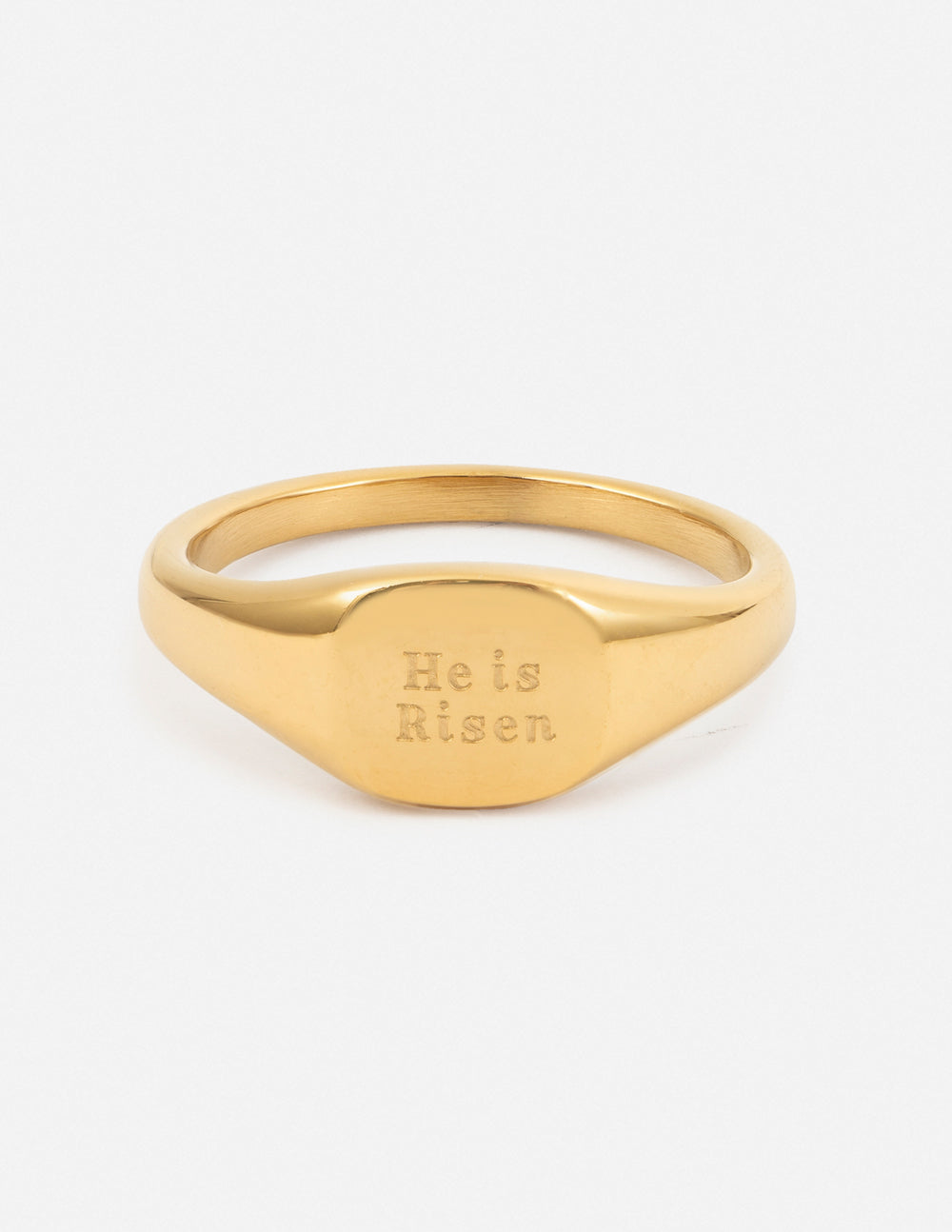 Gold ring with engraved message 'He is Risen', perfect for Christian Jewelry enthusiasts