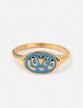 Elevated Faith Christian Jewelry Gold Ring with Blue 'LOVED' Design for Faith-Inspired Fashion