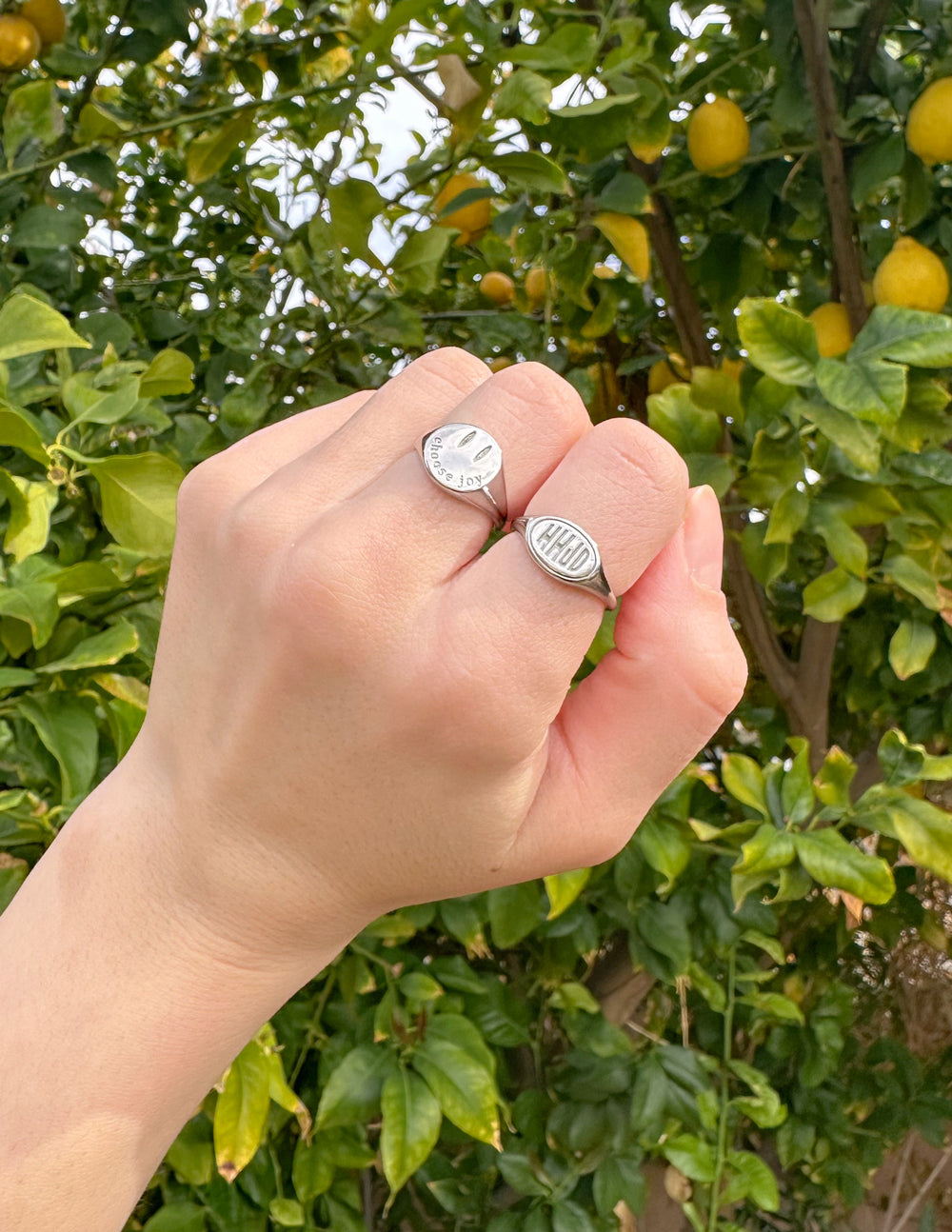 Two Elevated Faith Christian Jewelry rings on a hand against a lush lemon tree background
