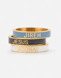 Set of three Elevated Faith Christian Jewelry rings with the words JIREH, JESUS, and ADONAI engraved