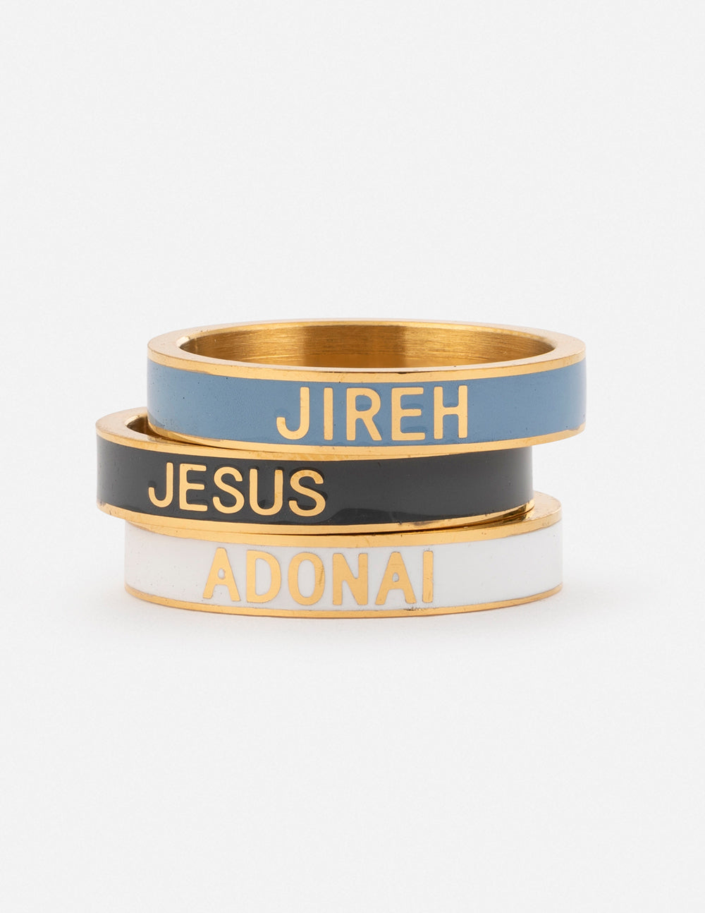 Set of three Elevated Faith Christian Jewelry rings with the words JIREH, JESUS, and ADONAI engraved