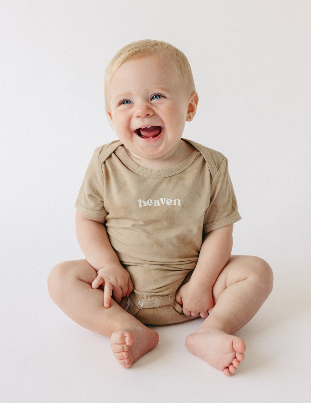 Tan Elevated Faith Onesie for toddlers featuring 'heaven' text, perfect Christian Kids Apparel