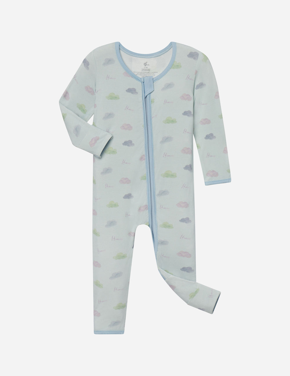 Light blue onesie for kids with cloud patterns, perfect for Christian Kids Apparel.