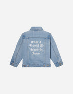 Denim kids jacket featuring 'What A Friend We Have In Jesus' for Christian Kids Apparel