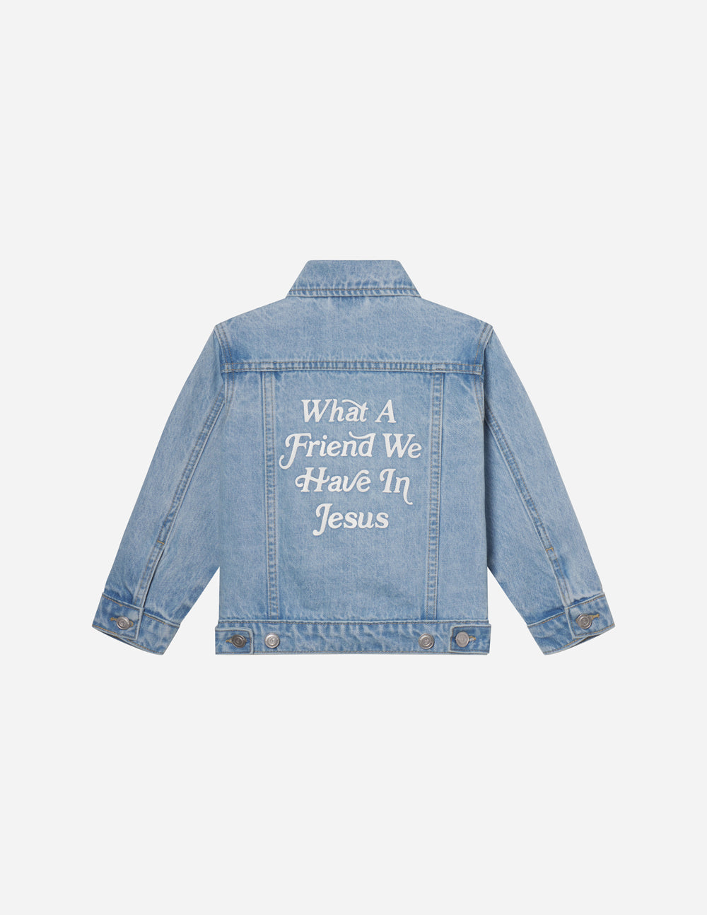 Denim kids jacket featuring 'What A Friend We Have In Jesus' for Christian Kids Apparel