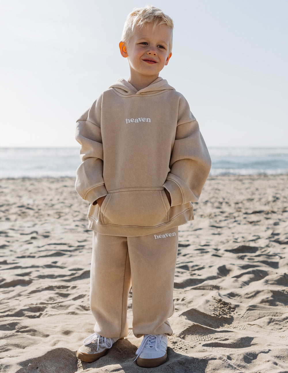 Elevated Faith Kids Sweatpant in Beige with Heaven Print, part of Christian Kids Apparel