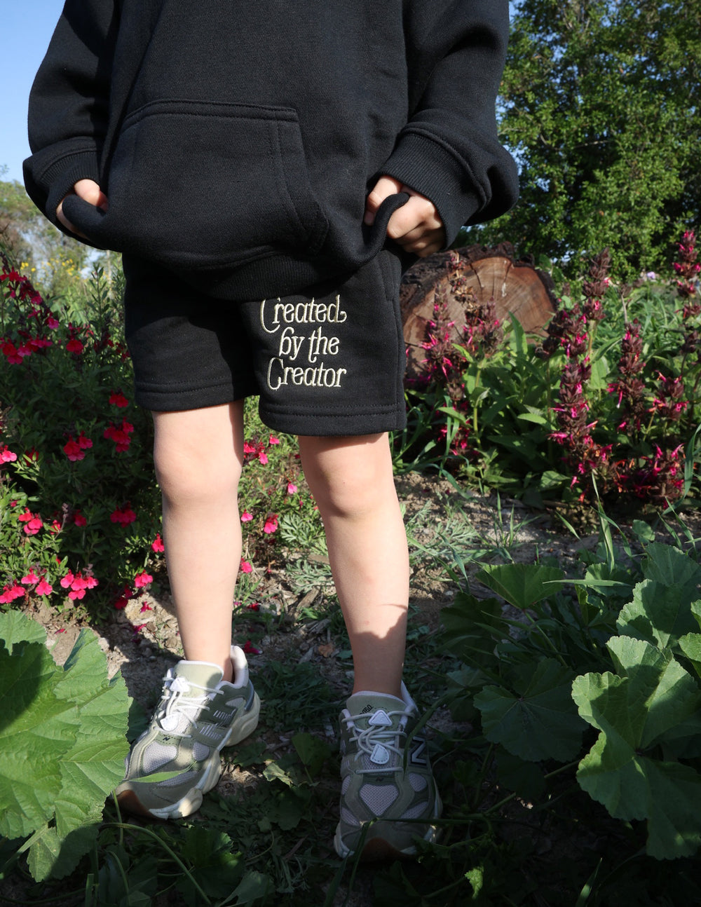 Elevated Faith Kids Shorts in Black with 'Created by the Creator' Print for Christian Kids Apparel