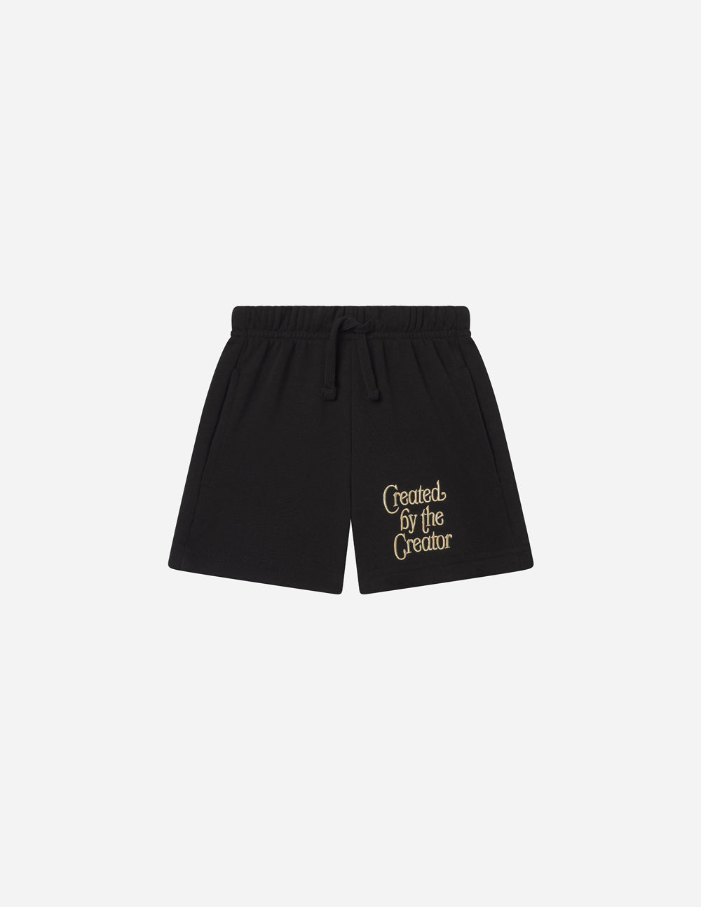 Black kids shorts from Elevated Faith with 'Created by the Creator' design, part of Christian Kids Apparel