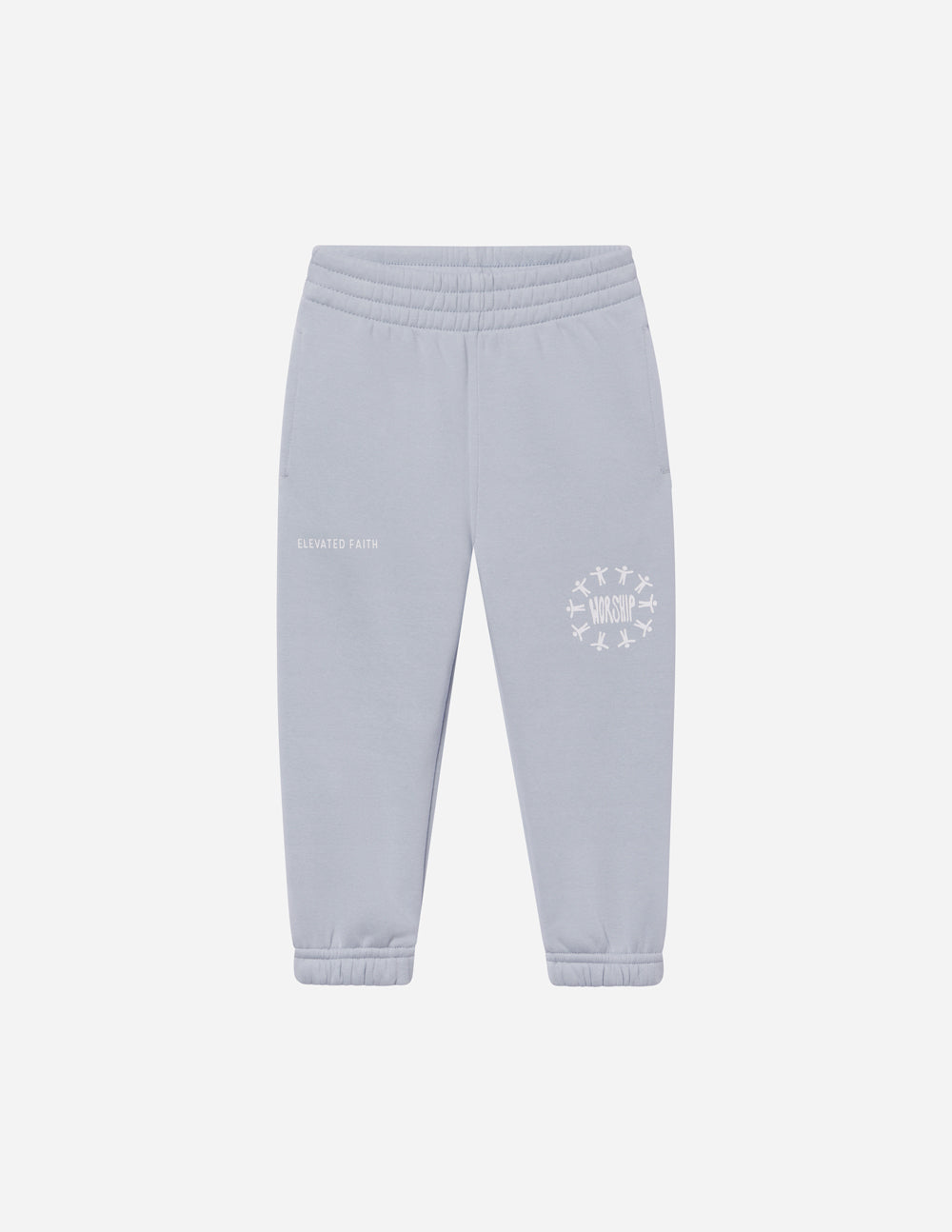 Light blue kids sweatpants by Elevated Faith featuring a logo, ideal for Christian Kids Apparel