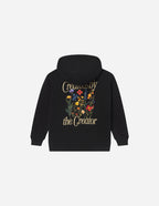 Elevated Faith Kids Hoodie in Black featuring 'Created by the Creator' floral design, ideal Christian Kids Apparel