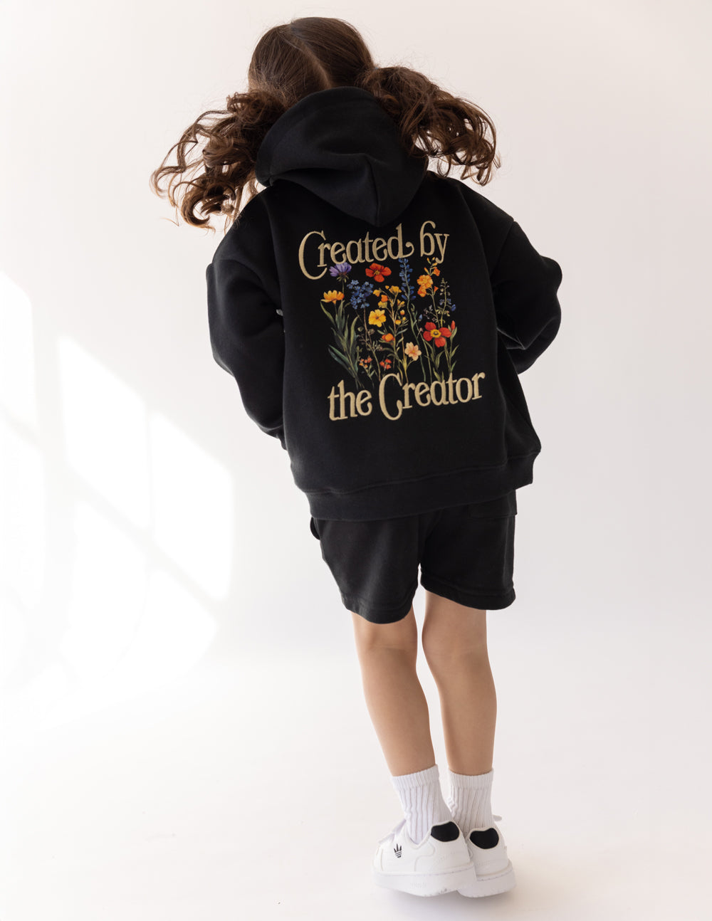 Black Kids Hoodie from Elevated Faith with 'Created by the Creator' Design, Perfect Christian Kids Apparel