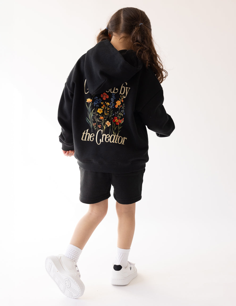Black Elevated Faith Kids Hoodie featuring floral design, part of Christian Kids Apparel collection