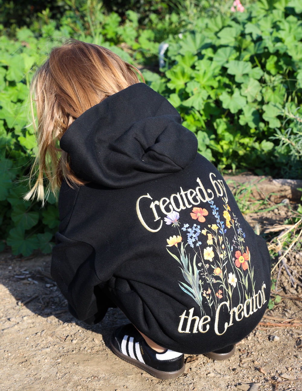 Black kids hoodie by Elevated Faith with floral design and text, perfect Christian Kids Apparel